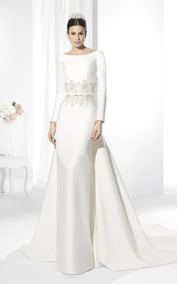 Long Scoop Appliqued Long-Sleeve Satin Wedding Dress With Court Train And V Back