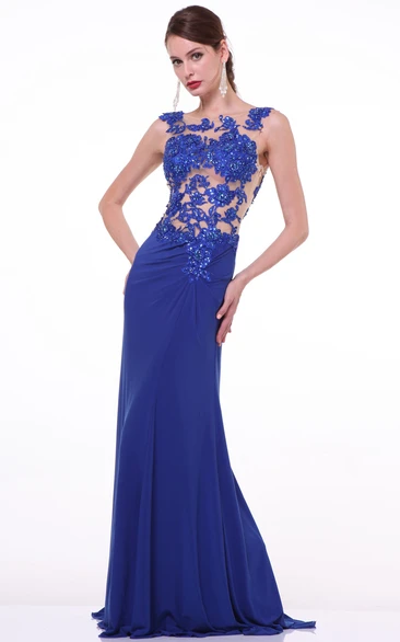 Sheath Maxi Scoop-Neck Sleeveless Jersey Illusion Dress With Appliques And Beading