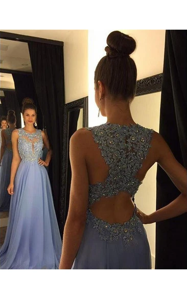 Beautiful Lace Appliques Sleeveless Prom Dress Long Chiffon Party Gowns