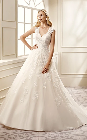 Ball Gown V-Neck Long Appliqued Cap-Sleeve Lace&Satin Wedding Dress