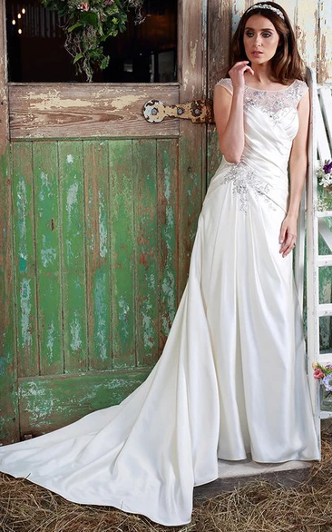 Scoop-Neck Maxi Ruched Cap-Sleeve Satin Wedding Dress With Crystal Detailing