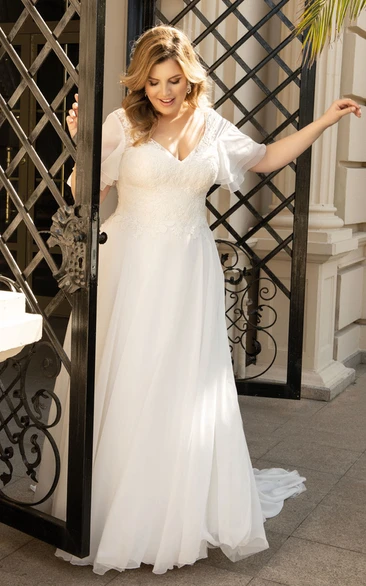 Plus Size Ethereal Floor-length V-neck A Line Chiffon Wedding Dress