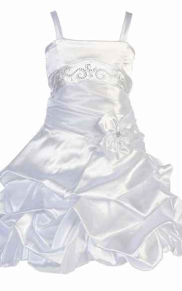Floral Midi Pleated Beaded Satin Flower Girl Dress With Tiers