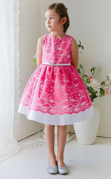 Tea-Length Floral Beaded Lace&Satin Flower Girl Dress With Ribbon