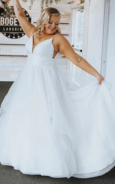 Romantic Plus Size A-Line V-Neck Wedding Dress Ethereal Fairy Tulle Floor Length Bridal Gown