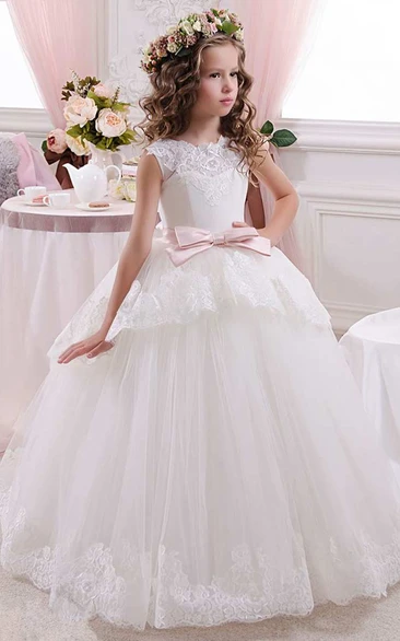 Ball Gown Floor-length High Neck Sleeveless Tulle Dress with Bow