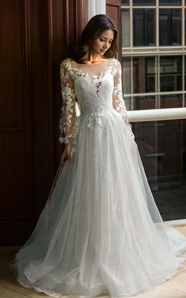 V-neck Lace Ethereal Elegant Fairy Long Sleeve A-Line Wedding Dress with Court Train Button Back