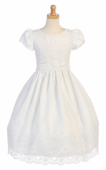 Floral Tea-Length Cap-Sleeve Tiered Organza Flower Girl Dress With Embroidery