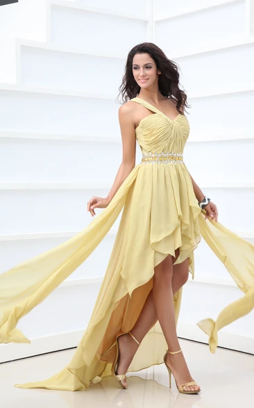 Ethereal One-Shoulder High-Low Chiffon Dress With Ruching And Ruffle