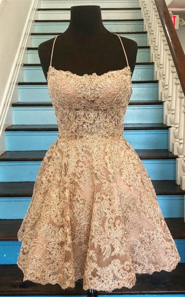 Romantic Lace Spaghetti A Line Homecoming Dress With Tied Back And Appliques