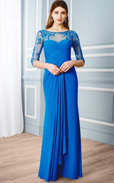 Scoop-Neck Floor-Length Criss-Cross Half-Sleeve Jersey Formal Dress With Draping And Appliques