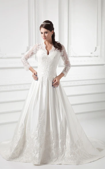 scalloped-neck plunged ball lace gown with illusion long sleeves