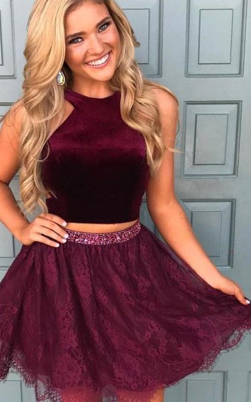 Casual Two Piece Satin Lace Halter Sleeveless Homecoming Dress with Sequins