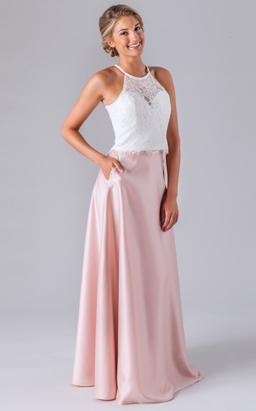 Maxi Sleeveless Lace Scoop Neck Satin Bridesmaid Dress