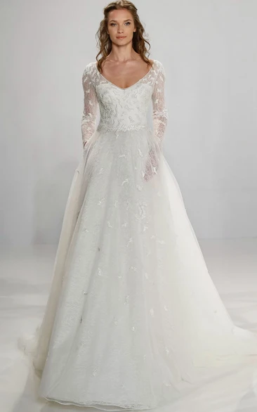 A-Line V-Neck Long-Sleeve Tulle Wedding Dress With Beading And Illusion