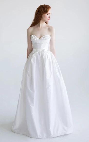 A-Line Sweetheart Floor-Length Satin Wedding Dress With Beading And V Back
