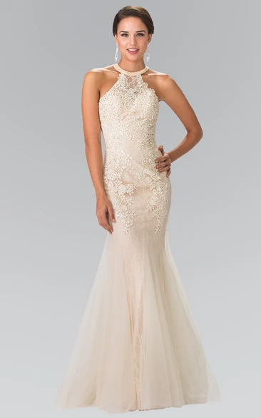 Trumpet Scoop-Neck Sleeveless Tulle Lace Straps Dress With Appliques And Beading