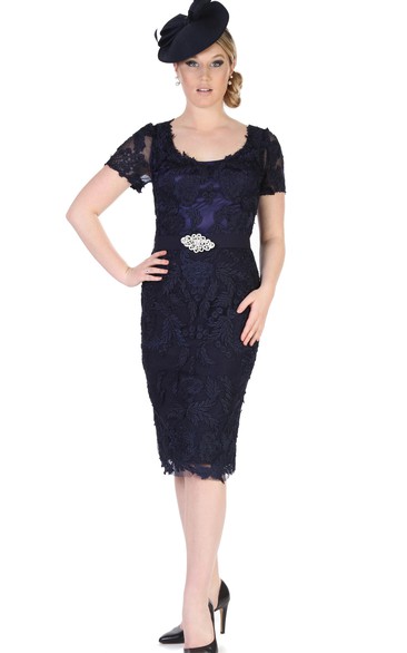 Pencil Knee-Length Scoop Neck Appliqued T-Shirt Sleeve Lace Mother Of The Bride Dress