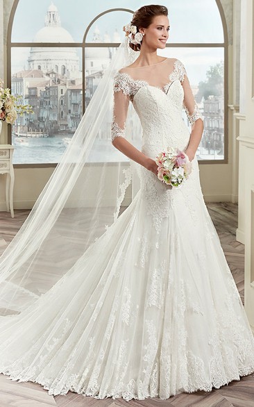 Half-sleeve Lace Wedding Dress with Illusive Design and Brush Train