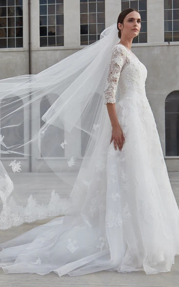 Romantic Jewel Neck A Line Lace Wedding Dress With Appliques And Button Back
