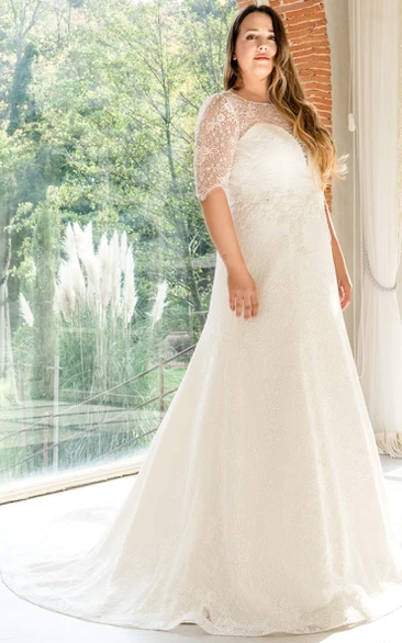 Elegant A Line Lace Bateau Brush Train Floor-Length Long Sleeve Wedding Dress With Appliques
