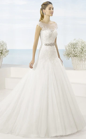 A-Line Scoop-Neck Sleeveless Jeweled Tulle Wedding Dress