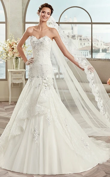 Sweetheart Mermaid Bridal Gown With Fine Appliques And Asymmetrical Ruffles