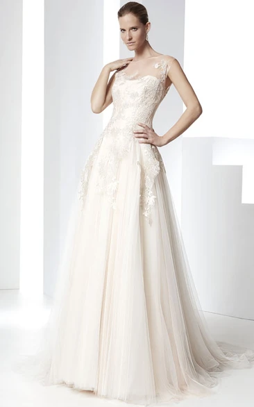 Floor-Length Bateau Appliqued Tulle Wedding Dress With Court Train And Illusion