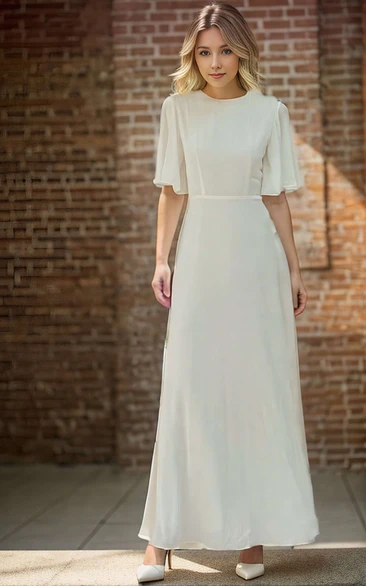 Jewel Neck Simple Solid A-Line Flutter Sleeves Wedding Bride Dress with Sash Reception