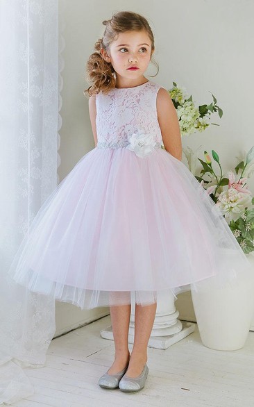 Tea-Length Floral Tiered Tulle&Lace Flower Girl Dress
