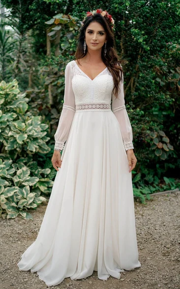 Chiffon A-Line Modest V-neck Country Wedding Dress With Sweep Train And Low-V Back
