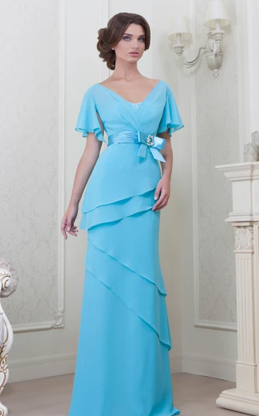 V-Neck Floor-Length Poet-Sleeve Bowed Chiffon Bridesmaid Dress With Tiers And V Back