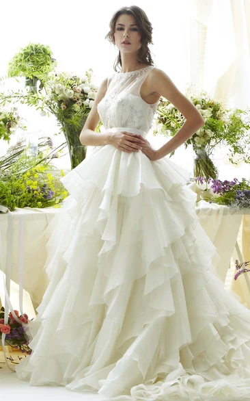 A-Line Sleeveless Scoop Floor-Length Cascading-Ruffle Organza Wedding Dress With Illusion Back And Beading