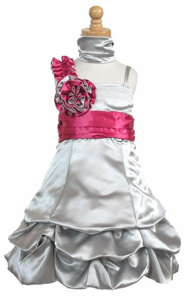 Cape Knee-Length Floral Ruched Satin Flower Girl Dress With Sash