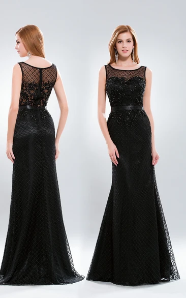 Sheath Bateau Sleeveless Lace Illusion Dress With Appliques And Sequins