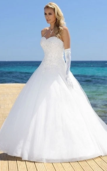 Long Sweetheart Appliqued Tulle&Satin Wedding Dress