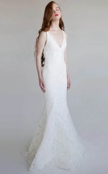 Sheath Appliqued Floor-Length V-Neck Sleeveless Lace Wedding Dress
