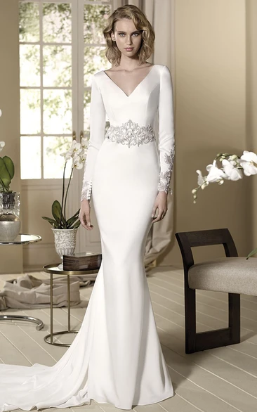 Sheath Beaded Long-Sleeve Floor-Length V-Neck Jersey Wedding Dress
