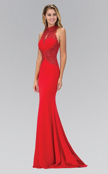 Sheath High Neck Sleeveless Jersey Dress With Beading And Appliques