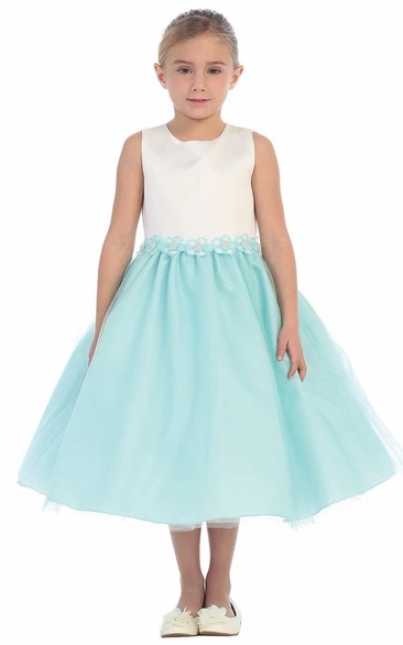 Floral Tea-Length Floral Tulle&Sequins Flower Girl Dress With Ribbon