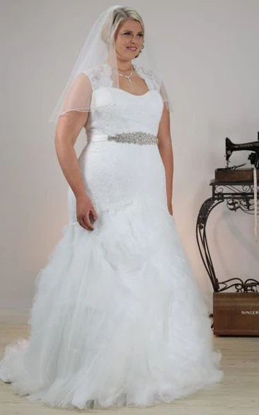 Mermaid Jeweled Queen Anne Sleeveless Tulle Plus Size Wedding Dress With Ruffles