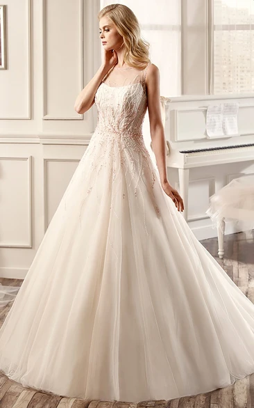 Cap-Sleeve A-Line Wedding Dress With Illusive Neckline And Back