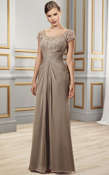 Sheath Appliqued Short-Sleeve Scoop Floor-Length Chiffon Formal Dress With Illusion Back And Draping