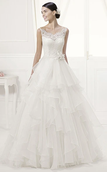 Spaghetti Straps Lace Top Layered Organza Gown With Waist Flower