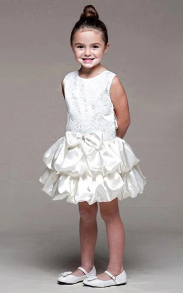 Midi Tiered Bowed Lace&Satin Flower Girl Dress With Ribbon