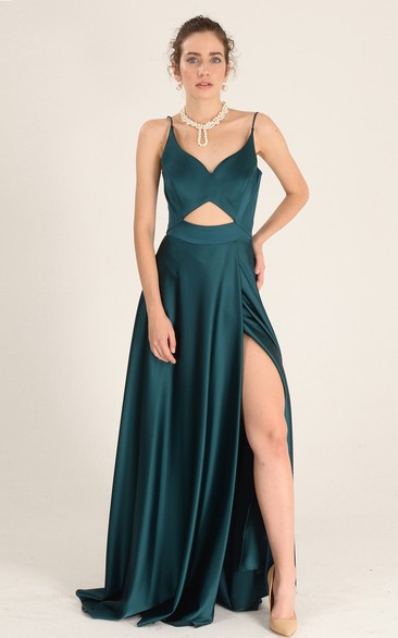 Modern V-neck A Line Floor-length Sleeveless Satin Formal Dress with Split Front