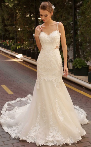 Romantic Sleeveless Court Train Tulle Mermaid Wedding Dress with Appliques