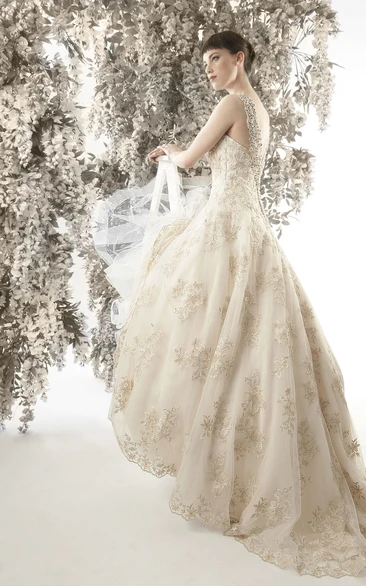 A-Line Floor-Length Appliqued Sleeveless Lace Wedding Dress With Low-V Back And Chapel Train