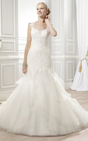 A-Line Floor-Length Sleeveless Appliqued Lace&Organza Wedding Dress With Ruffles And Deep-V Back