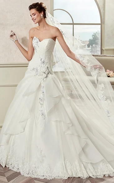 Sweetheart A-Line Bridal Gown With Asymmetrical Ruffles And Fine Appliques